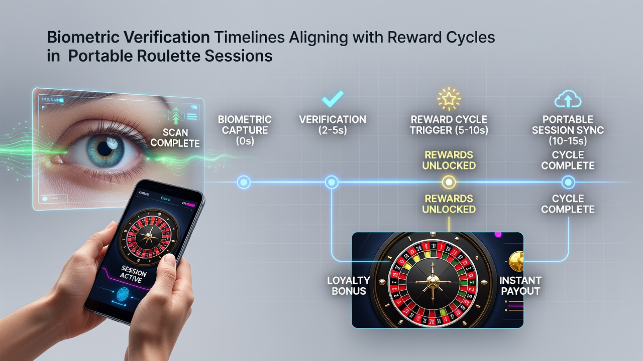 Timeline graphic illustrating biometric checks synced with roulette reward accumulation points