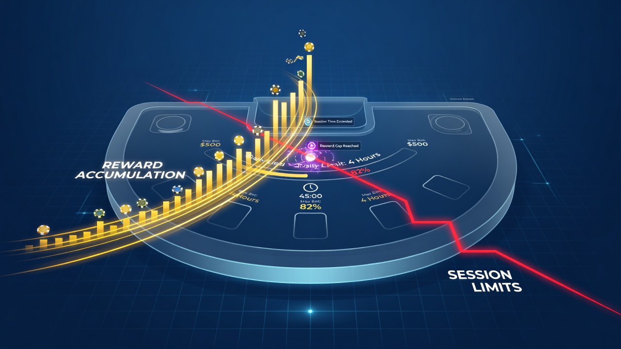 Split-screen view of a blackjack table with loyalty progress overlay and enforced break countdown timer