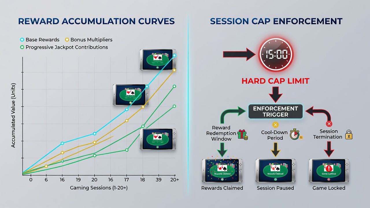Close-up view of baccarat gameplay on smartphone with overlaid reward curve visualization and session limit indicators
