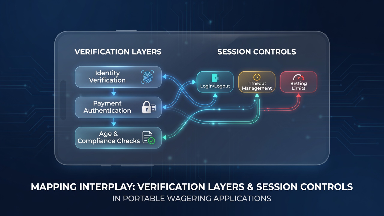 Mobile wagering app interface showing layered verification prompts and session timer displays