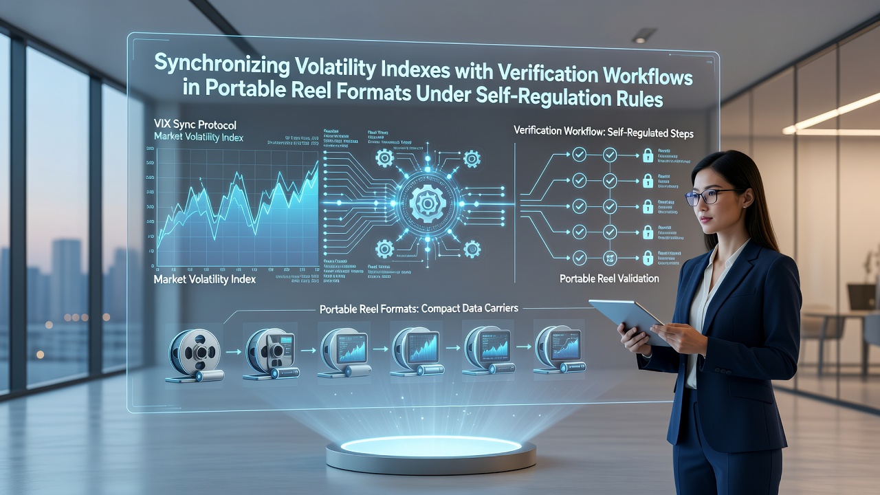 Technical diagram showing volatility index synchronization with mobile reel verification workflows