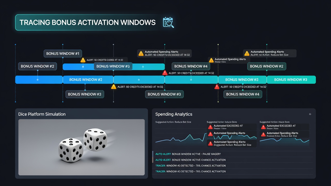 Dashboard view of timestamp logs comparing bonus activation and spending alert events